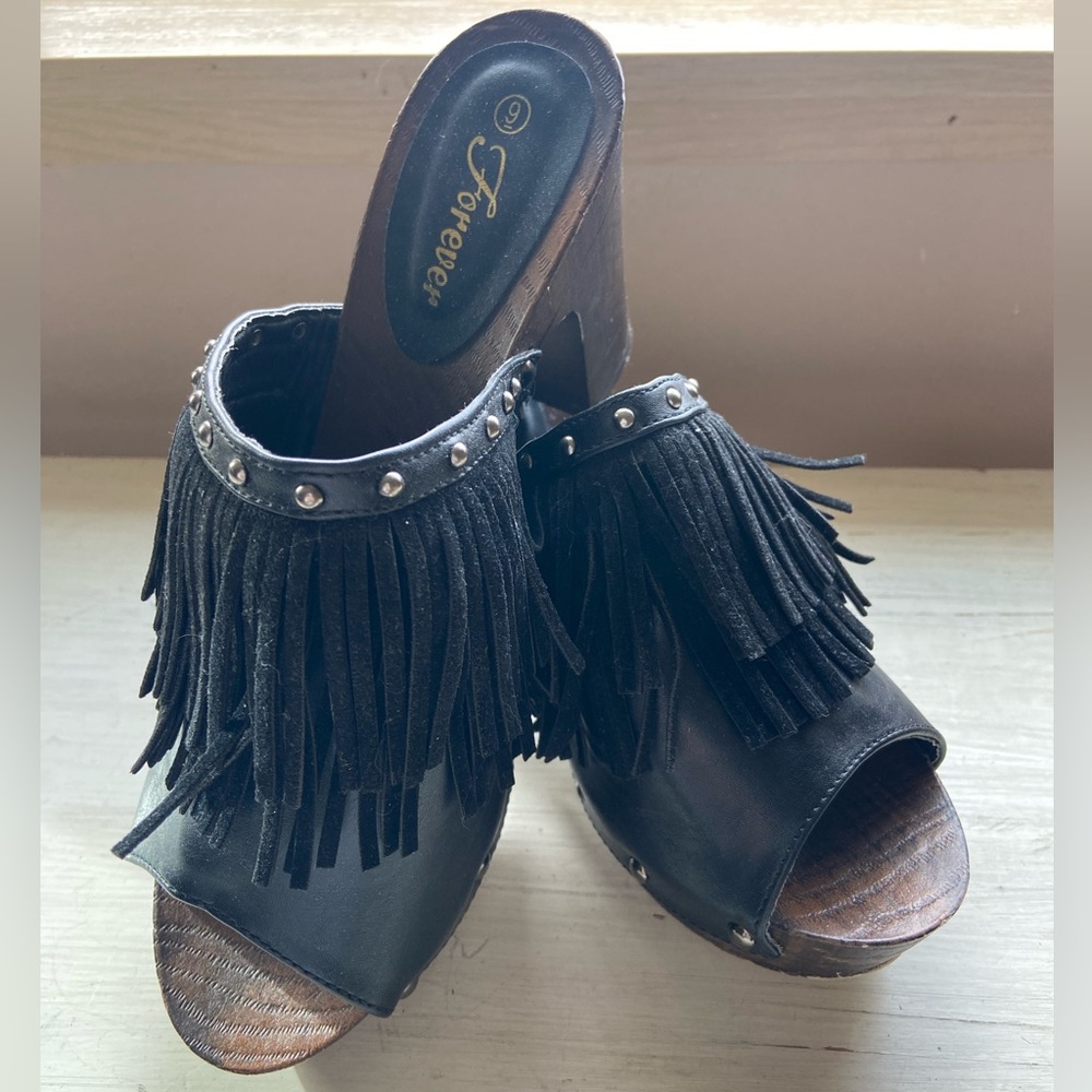 Forever Black Fringe Heels